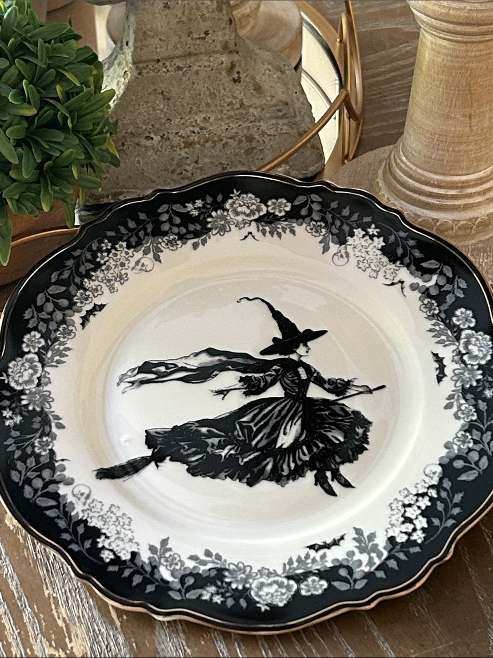 NEW! Vintage Inspired Flying Wicked Witch Black White Floral Toile Ceramic Plate